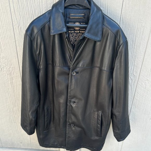 Marc New York Andrew Marc L Black Buttersoft Leather with Gold Lining Car Coat - Picture 1 of 8